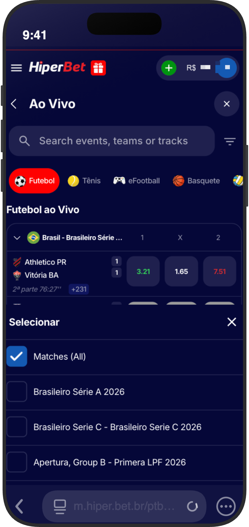 Filtro de apostas ao vivo da HiperBet com seleção por liga: Brasileirão Série A, Série C, Libertadores e mais