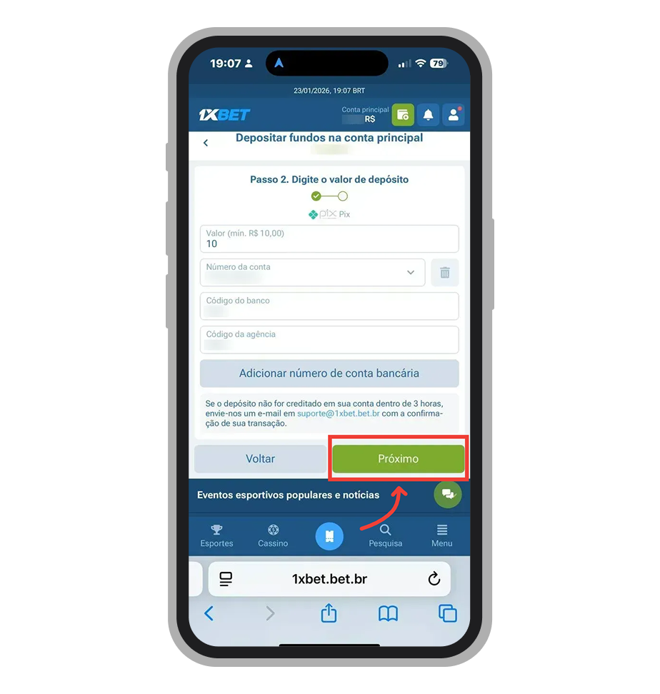 Digite o valor do depósito Pix no aplicativo 1xBet e avance