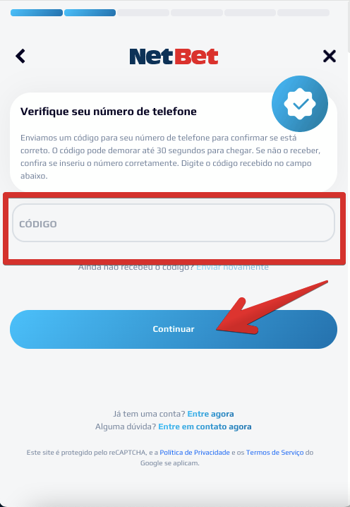 Digite o código recebido