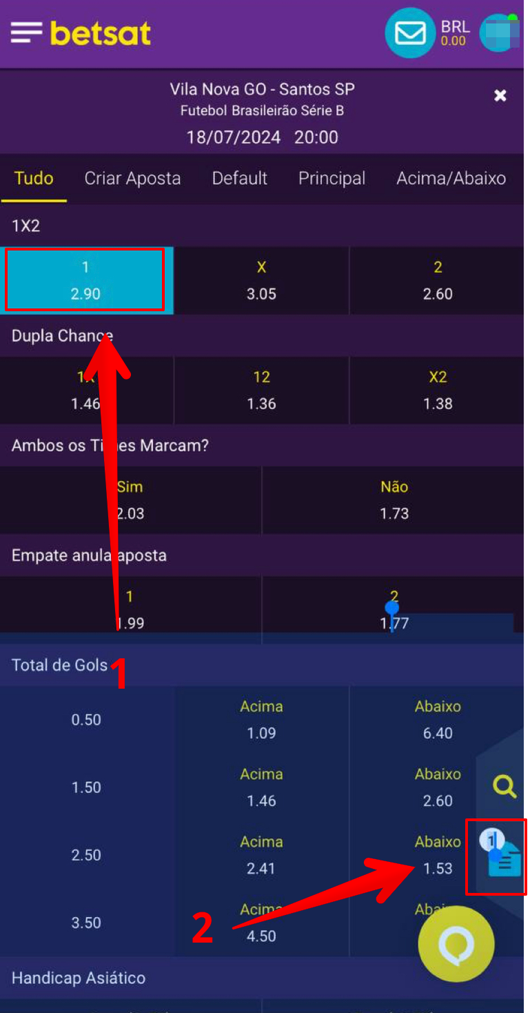 Escolhe um resultado para aposta simples da Betsat 