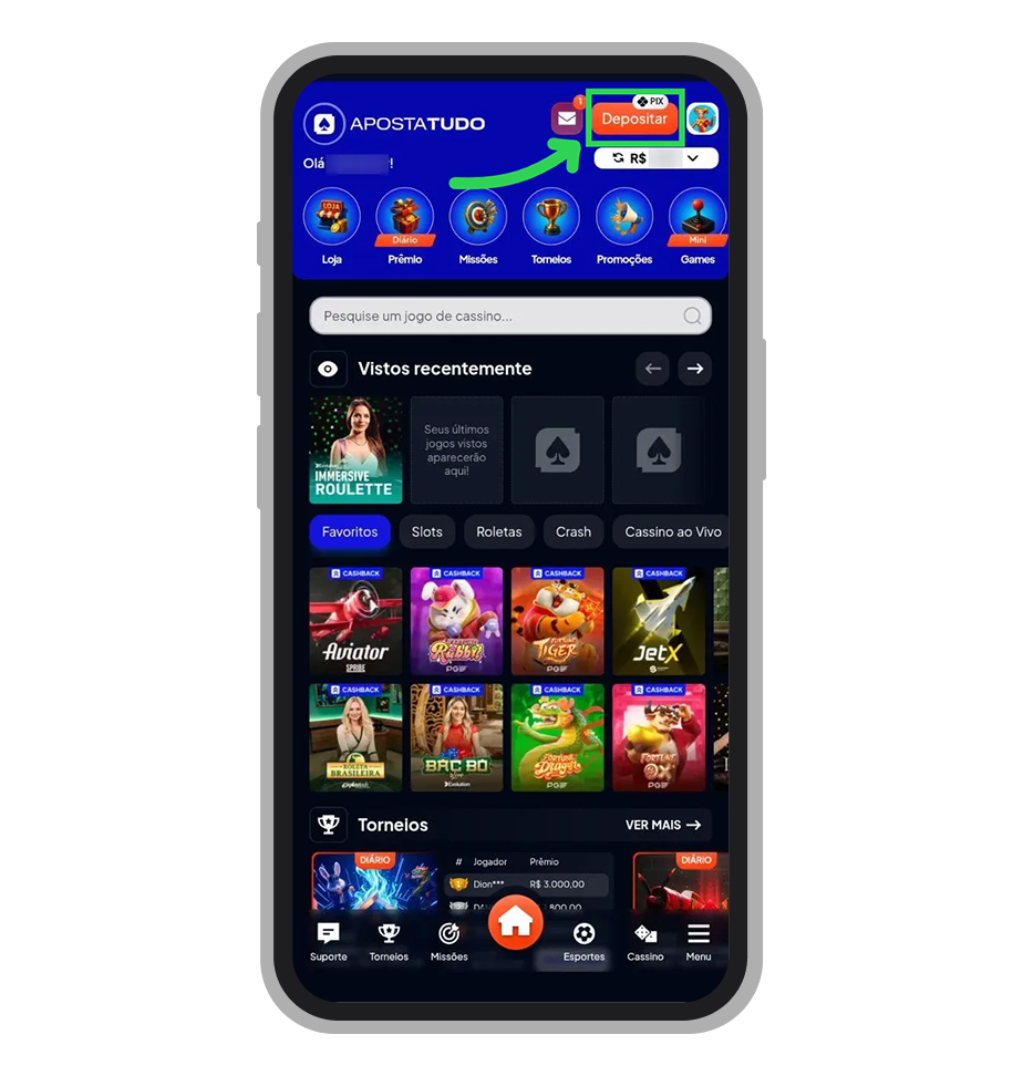 Aperte o botão “Depositar” em destaque no canto superior da tela