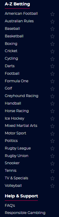 A-Z list of sports available at Planet Sport Bet