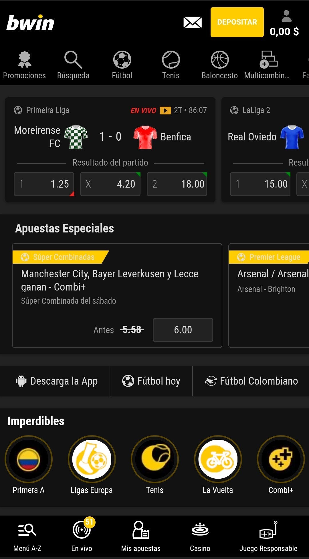 Sección de deportes, Bwin móvil