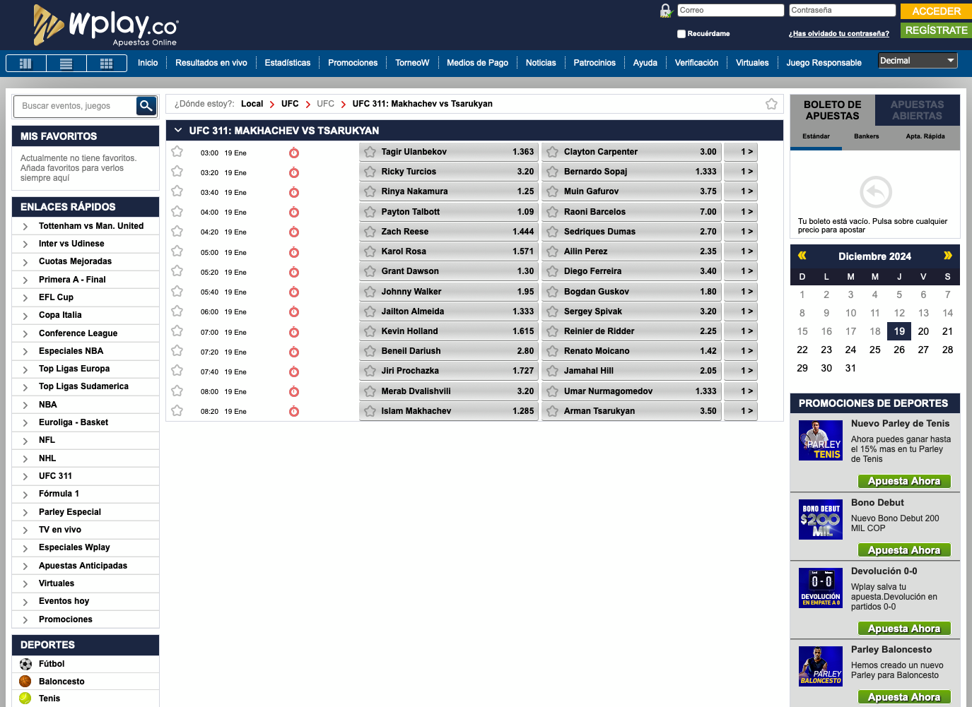 Apuestas en UFC 311