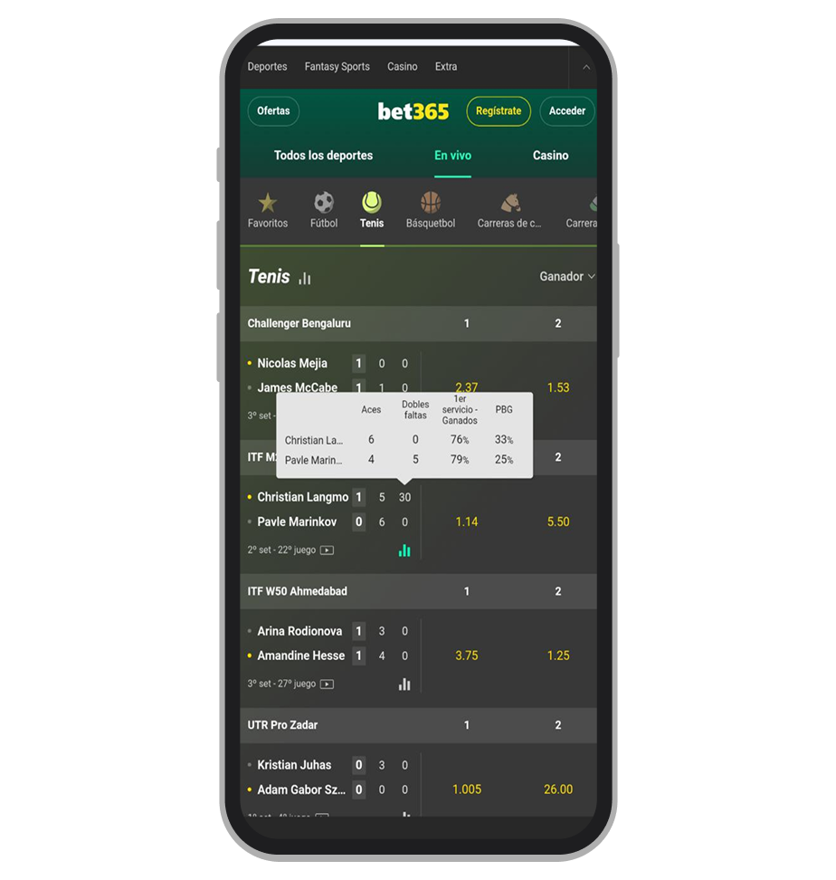 Apuestas en tenis con estadísticas, interfaz móvil