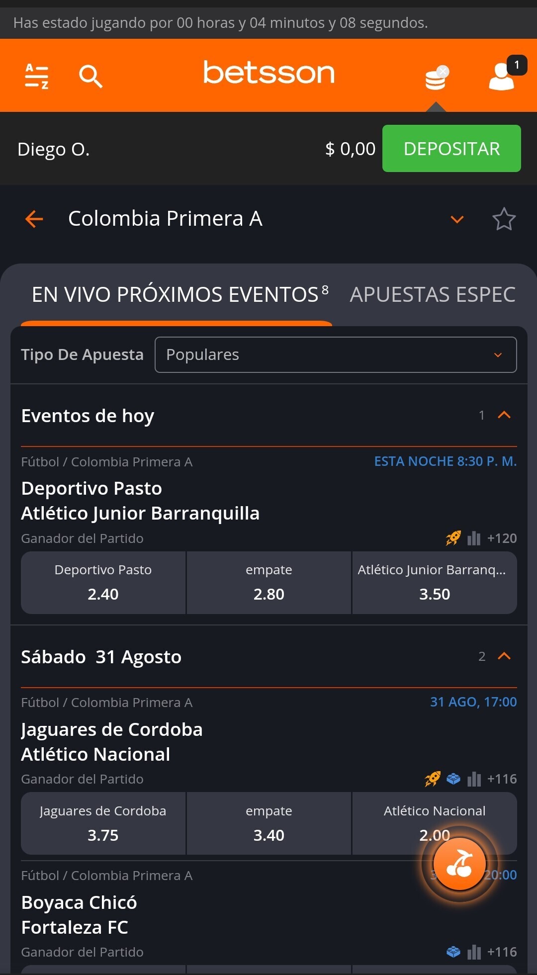 Apuestas en Primera A Colombia, Betsson móvil