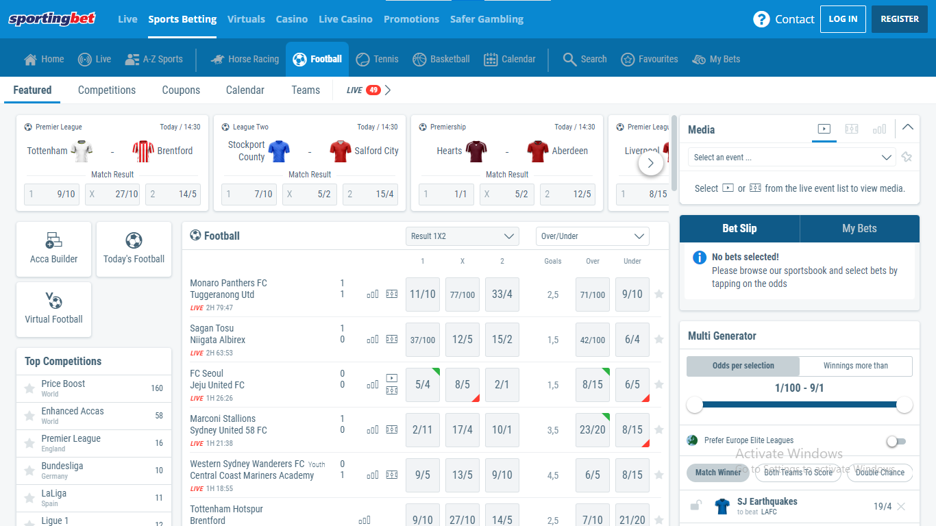 The football betting section at Sportingbet