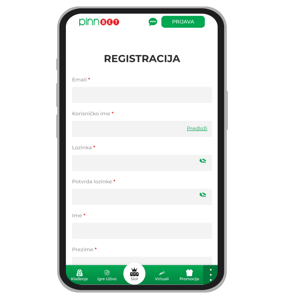 Stranica za registraciju na PinnBet