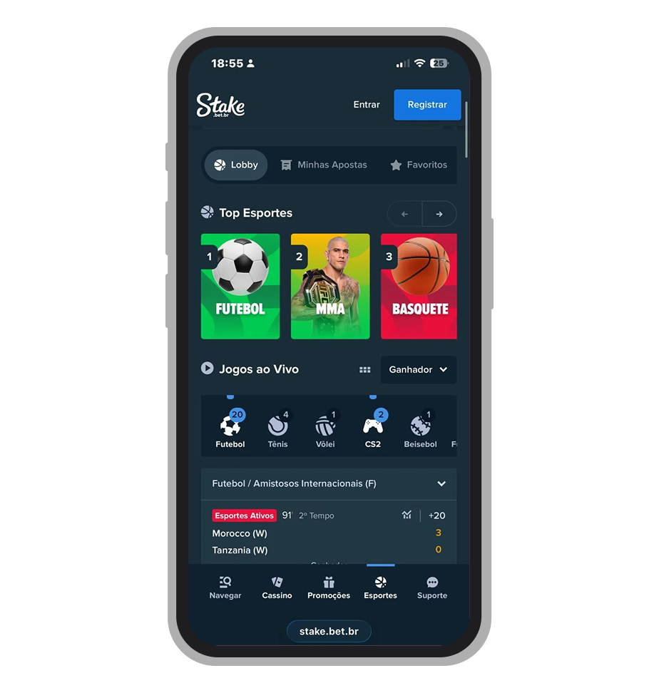 Página inicial da Stake com lista de esportes ao vivo