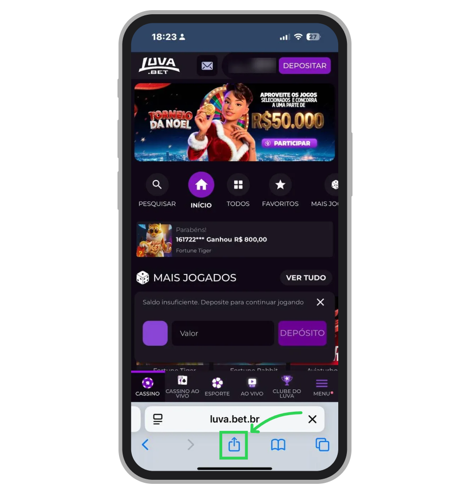 Clique no ícone de compartilhamento localizado na barra inferior para abrir o menu de ações