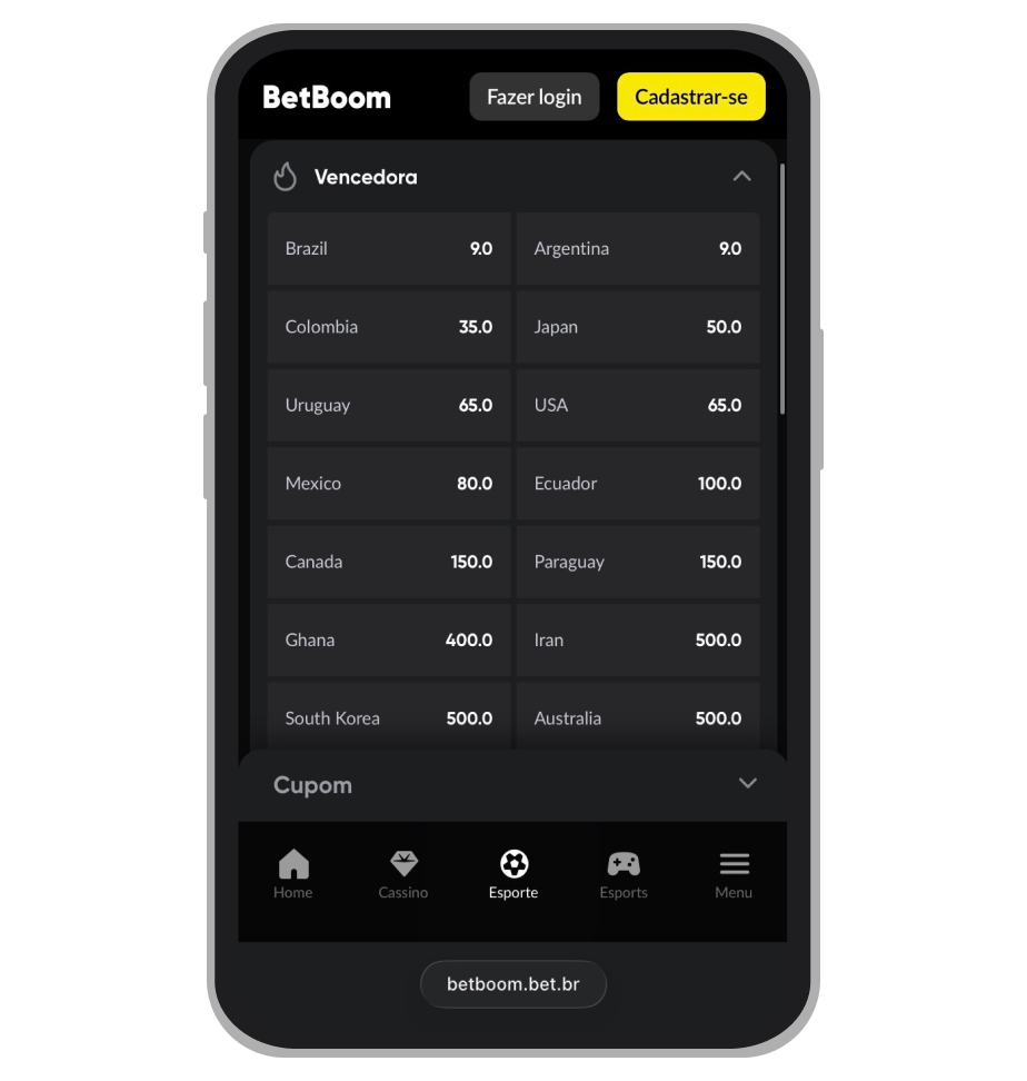 Mercado de vencedor na BetBoom