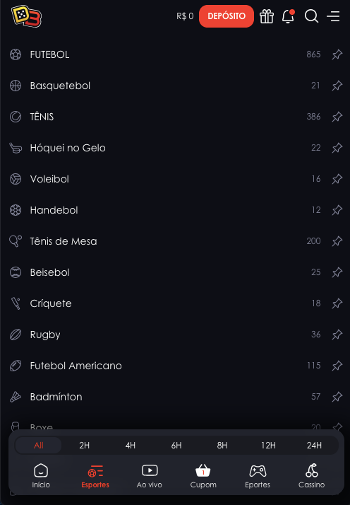 Selecione o esporte Dicebet no menu