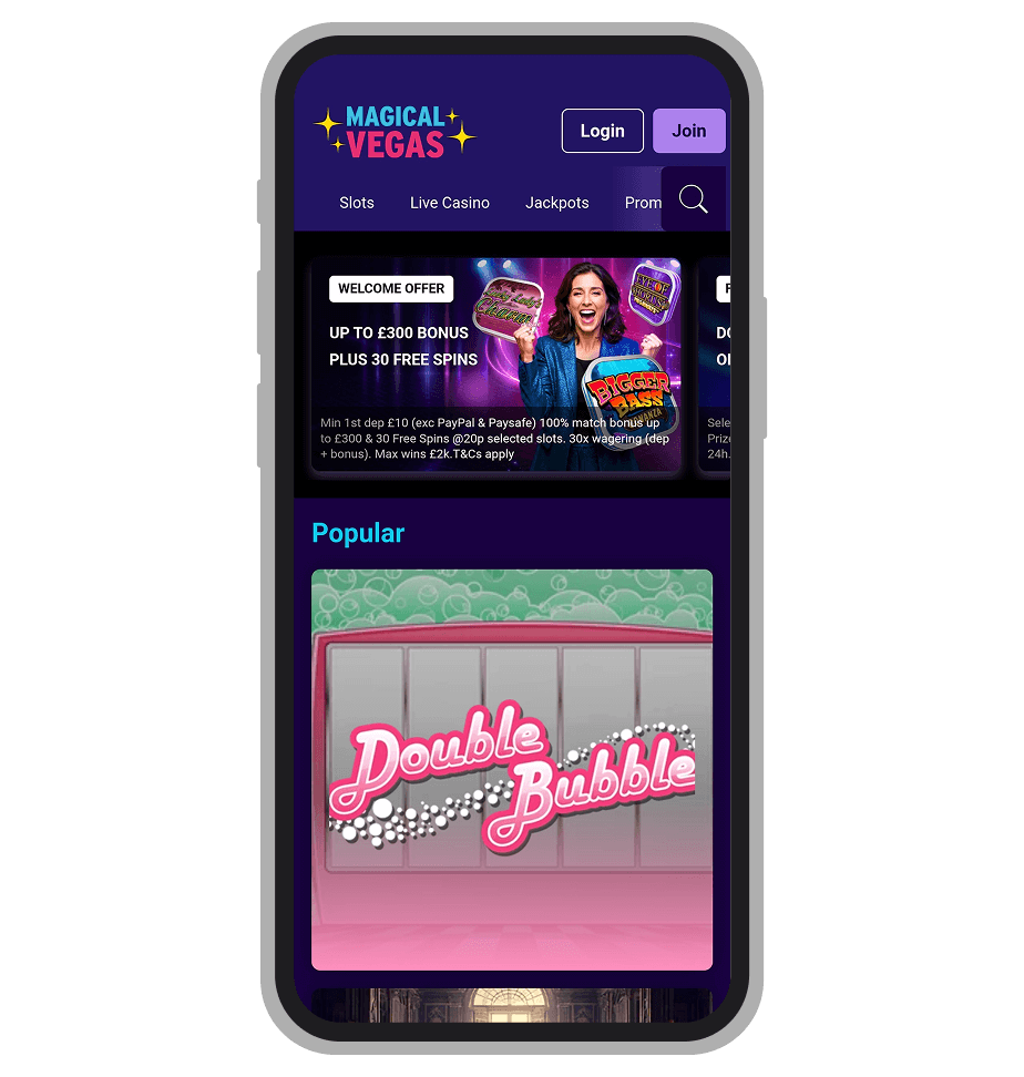 Main page of the Magical Vegas mobile site