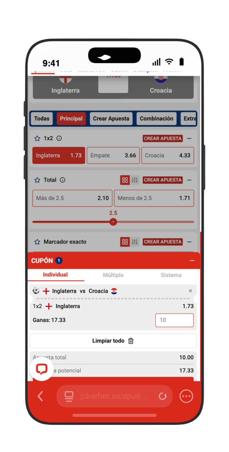 Introduce el importe y confirma tu apuesta en el cupón de JOKERBET para Inglaterra vs Croacia