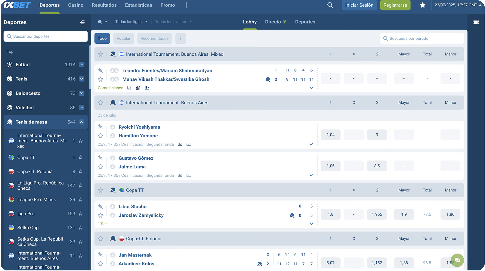 Tenis de mesa, 1xBet