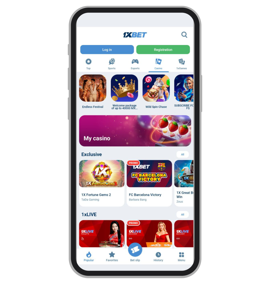 App 1xBet. Pantalla de inicio de casino