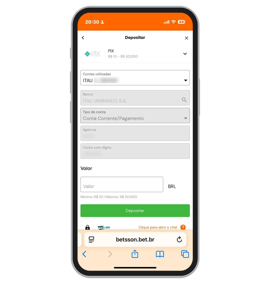 Pagamento via Pix e cadastro da conta