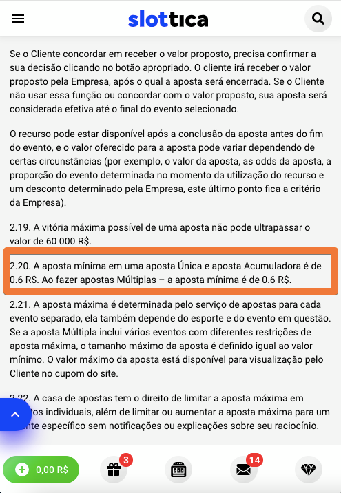 Valor mínimo de aposta na Slottica