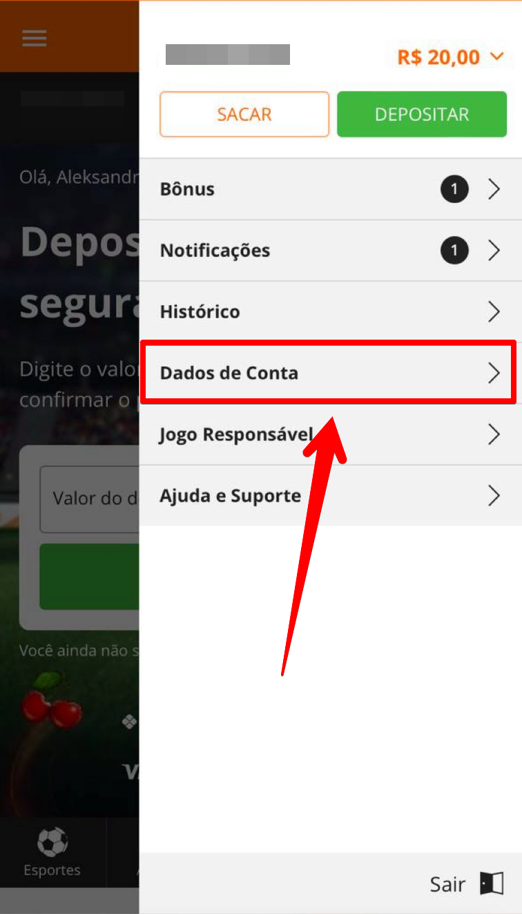 Clique em “Dados de conta”