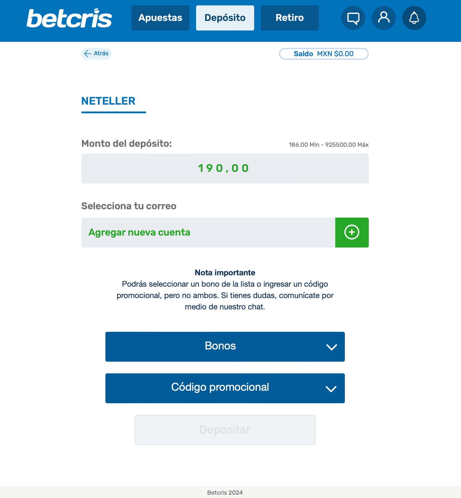 Depósito en Betcris