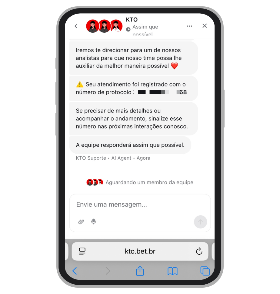 Janela de atendimento mostrando o número de protocolo