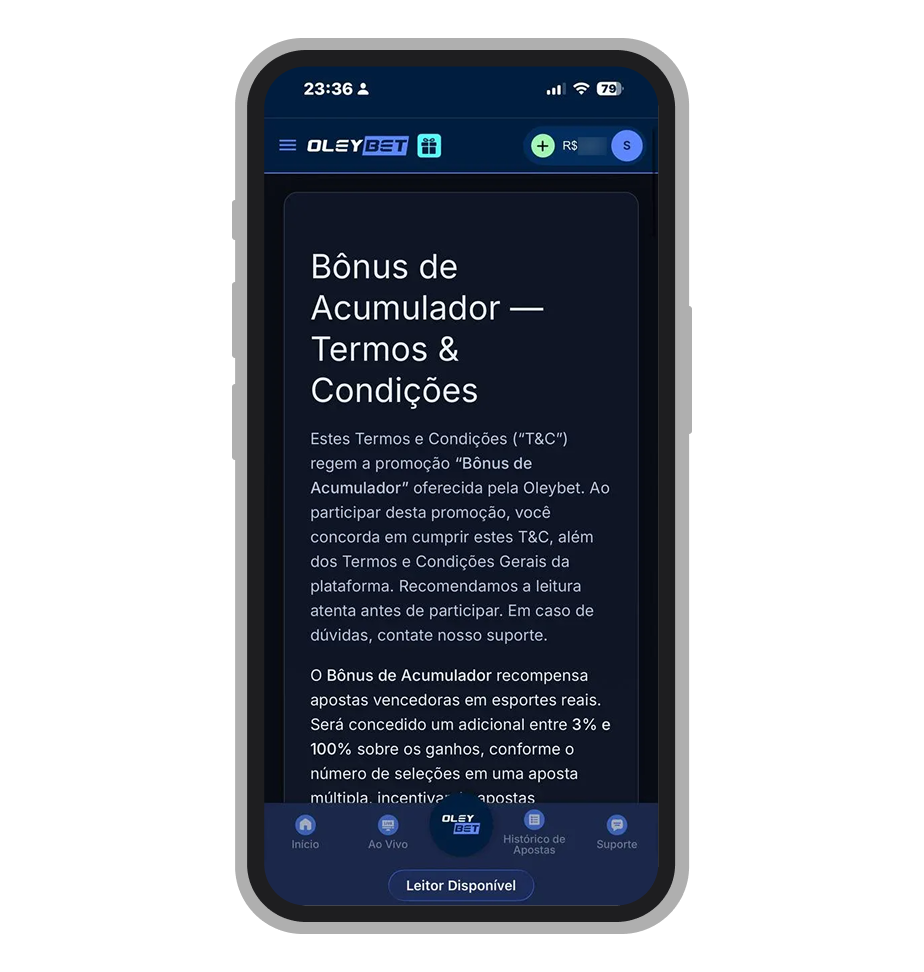 Aposta múltipla na OleyBet com Bônus de Acumulador ativo mostrando o percentual extra nos ganhos