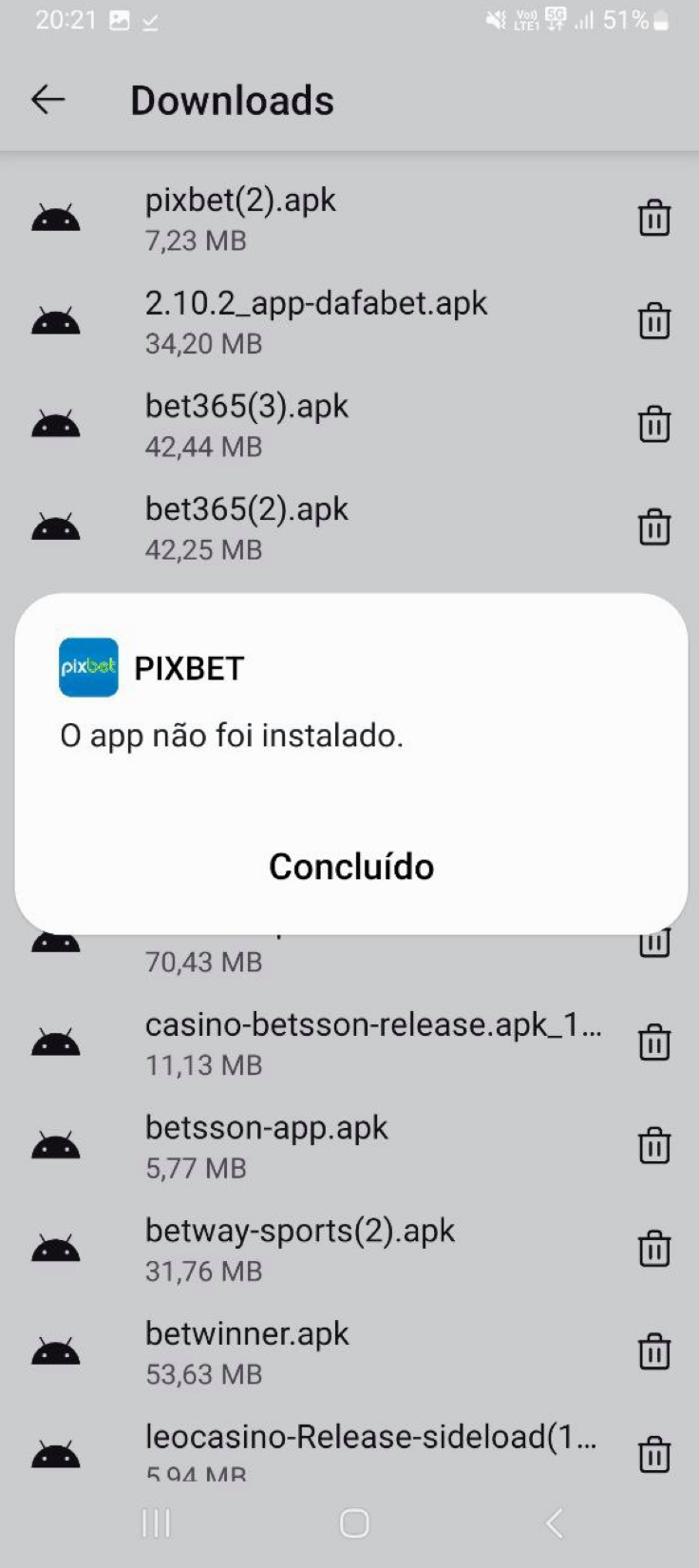 App da Pixbet instalado no dispositivo móvel Android