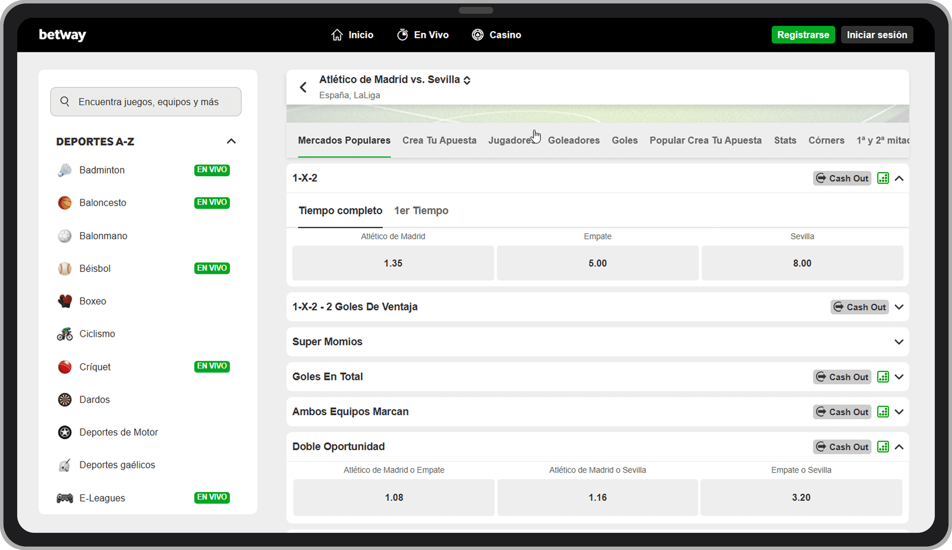 1X2 y Doble oportunidad en Betway