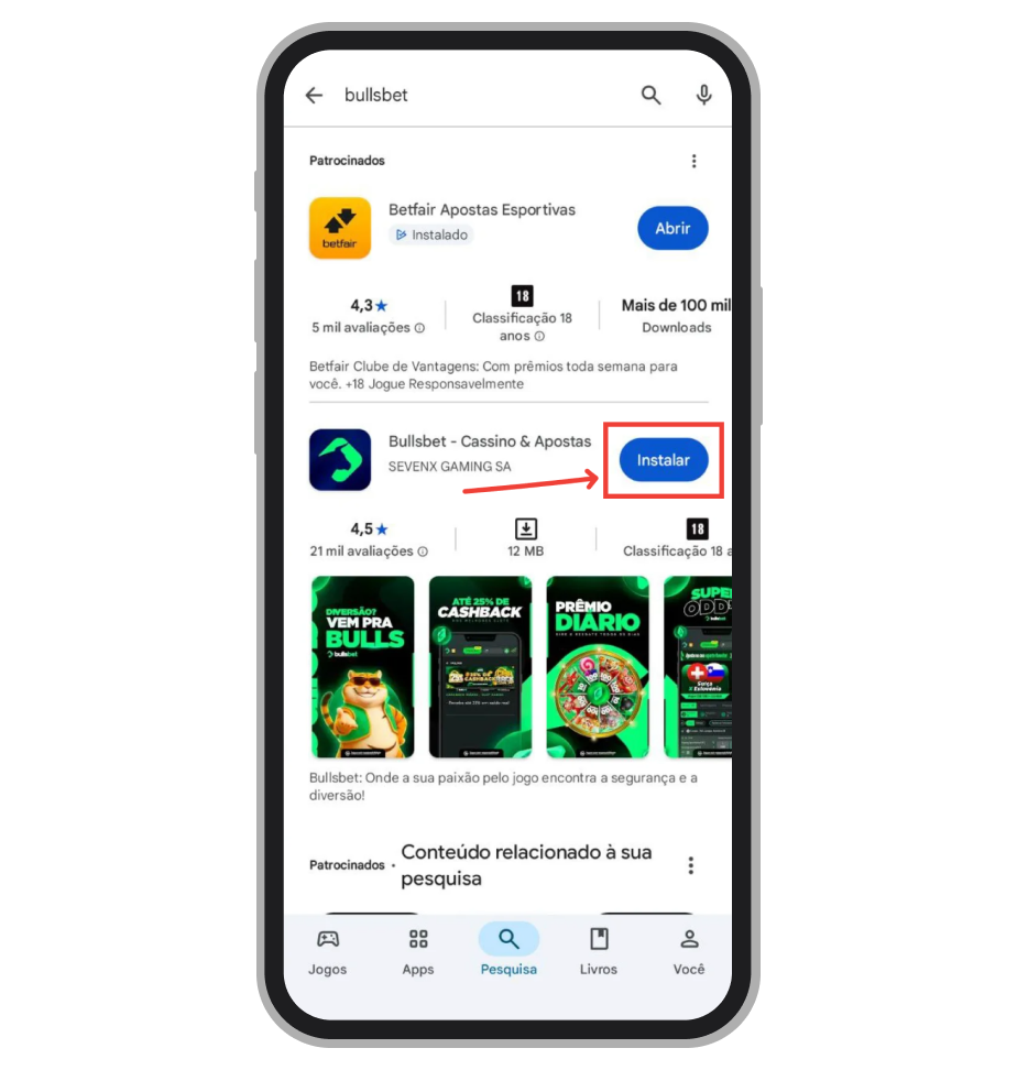 Selecione o app da BullsBet e toque em "Instalar"