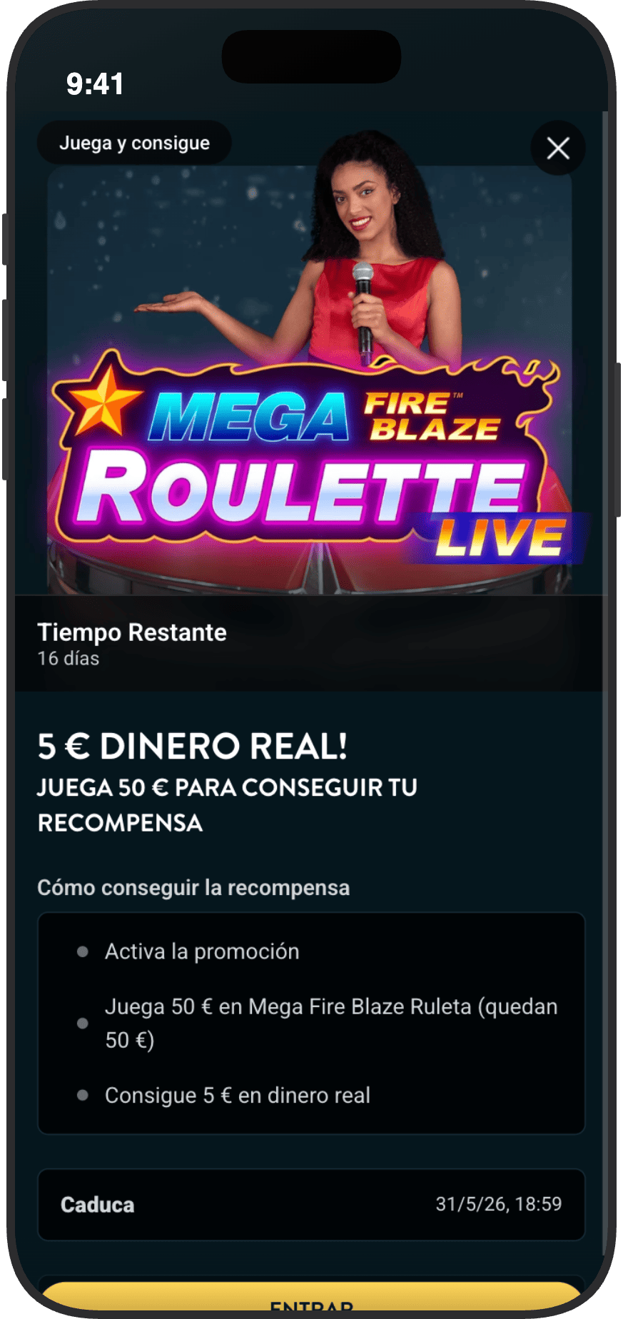 Promoción de 5€ en dinero real en Mega Fire Blaze Roulette Live de Golden Bull: juega 50€ y recibe saldo retirable sin requisitos de apuesta