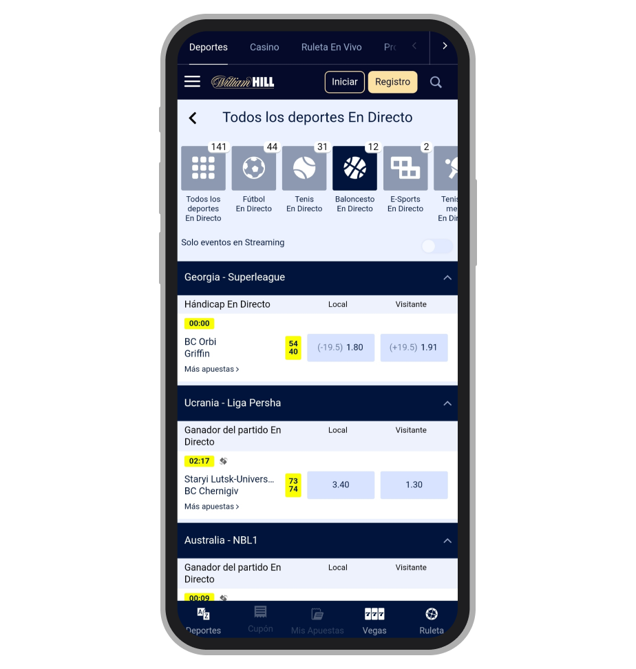 William Hill, sección En Directo