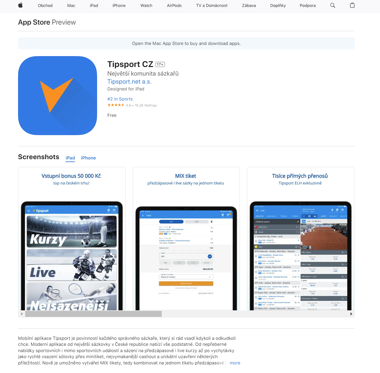 Stránka Tipsport pro iOS
