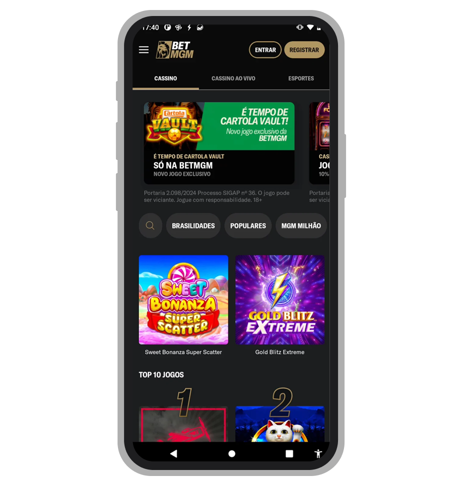 Seção de cassino ao vivo no app BetMGM com mesas de roleta e blackjack
