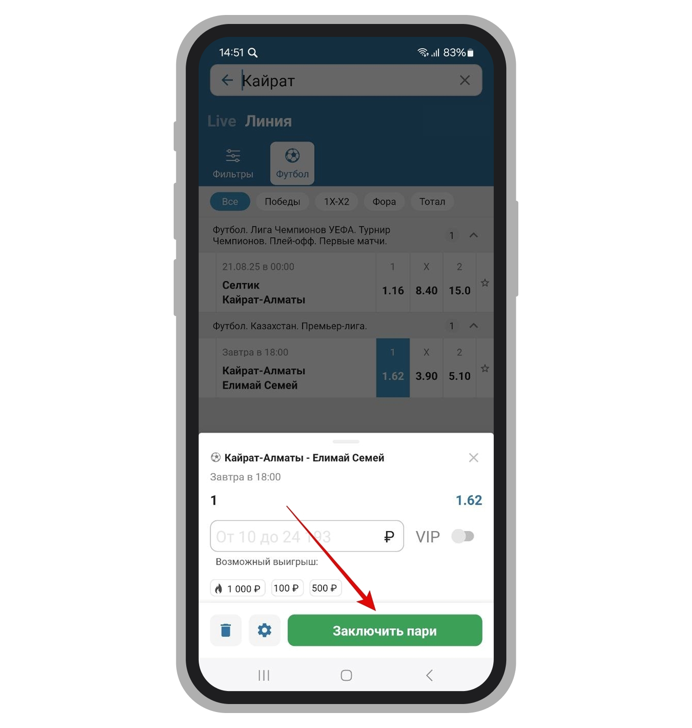 Ввод суммы и заключение пари