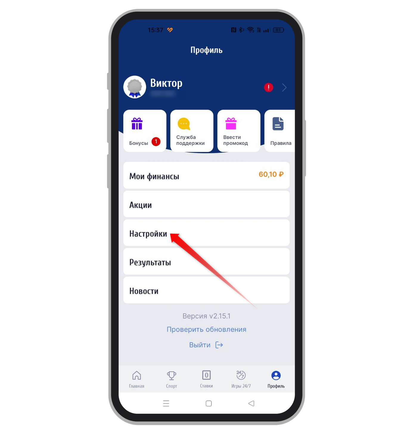 Вкладка «Настройки» в меню «Профиль» конторы «Зенит»