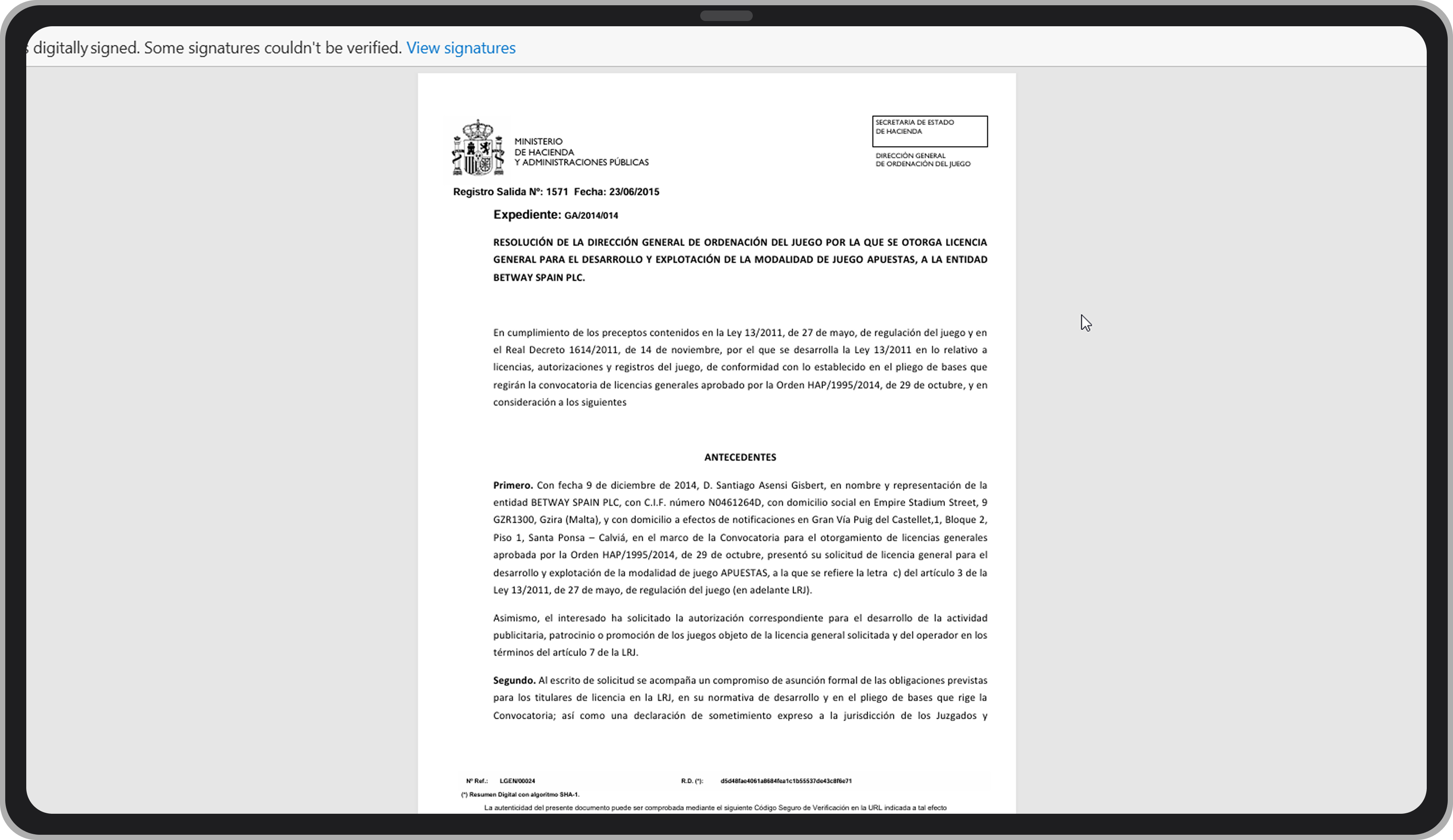 Resolución de otorgar la licencia a Betway