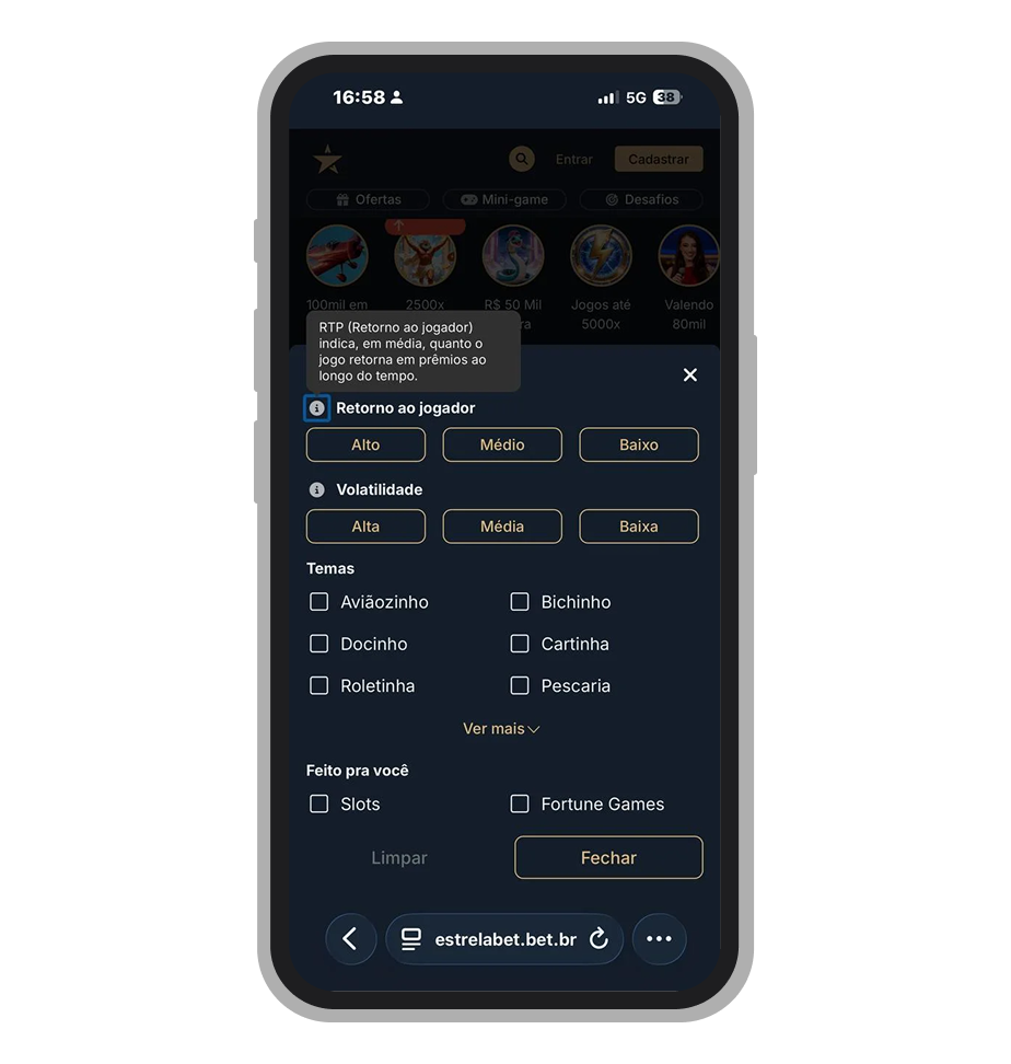O filtro por RTP no site mobile da EstrelaBet