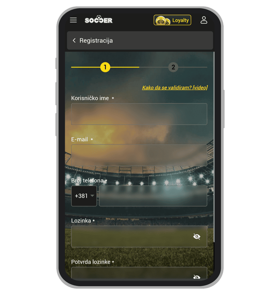Stranica za registraciju SoccerBet