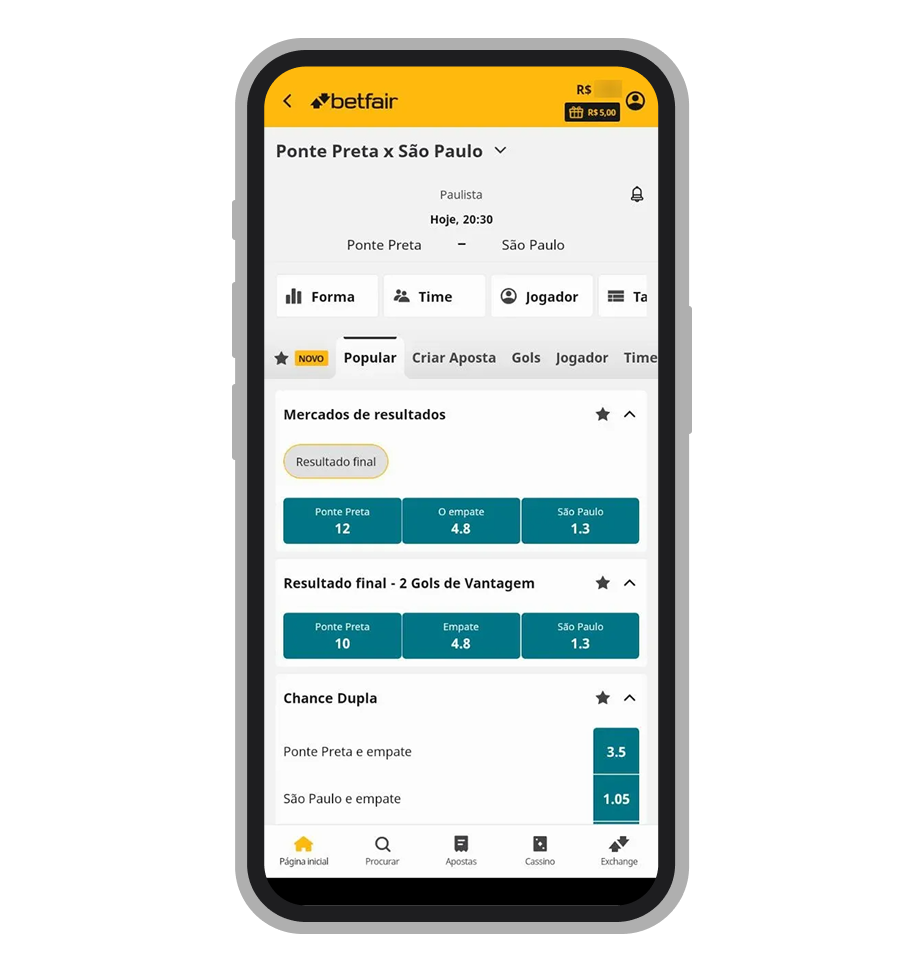 O evento no app da Betfair