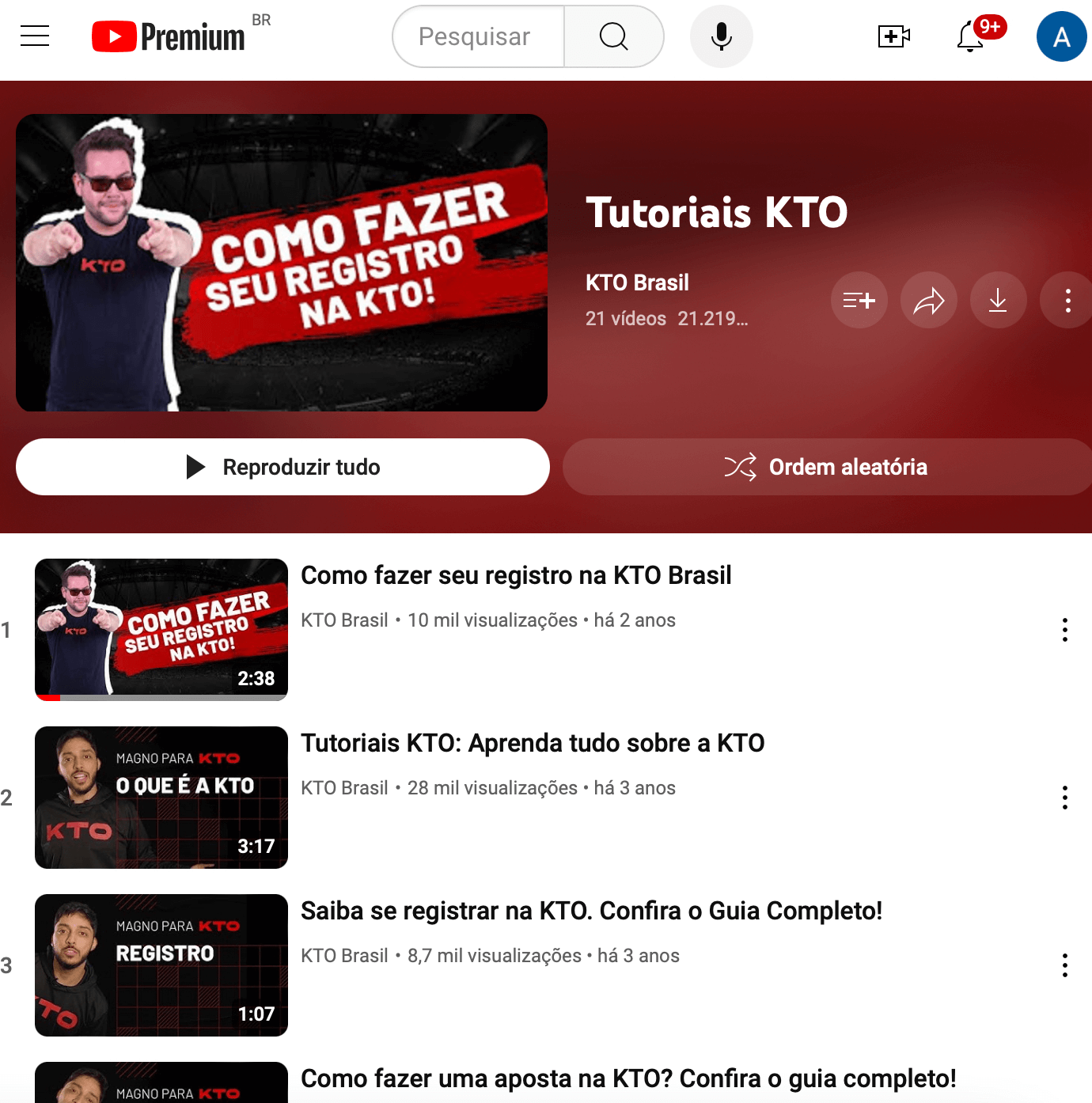 Tutorial KTO no canal YouTube da plataforma  