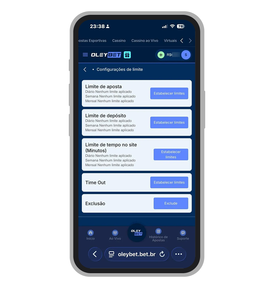 Ferramentas de jogo responsável da OleyBet com opções de limites de depósito, aposta e autoexclusão