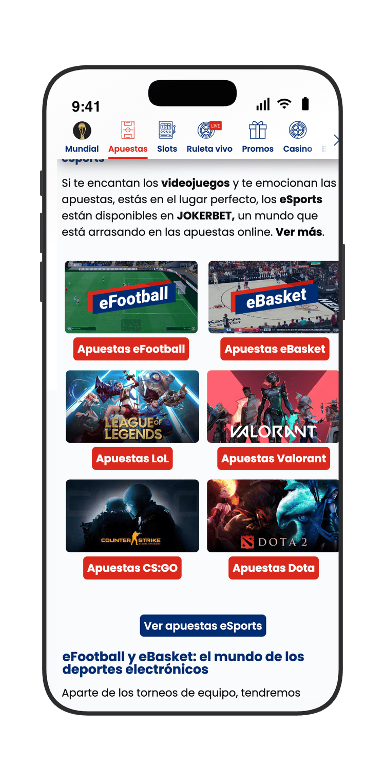 Página principal de eSports en JOKERBET con secciones de eFootball, eBasket, LoL, Valorant, CS:GO y Dota 2