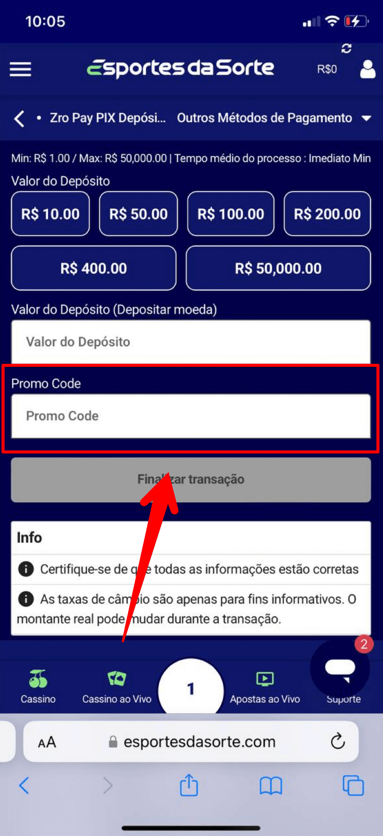 Insere o código promocional no processo de depósito