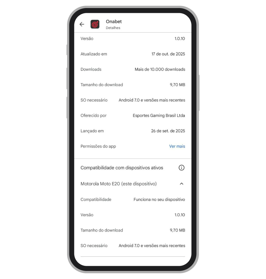 Tela de Detalhes do app (Android) com dados técnicos