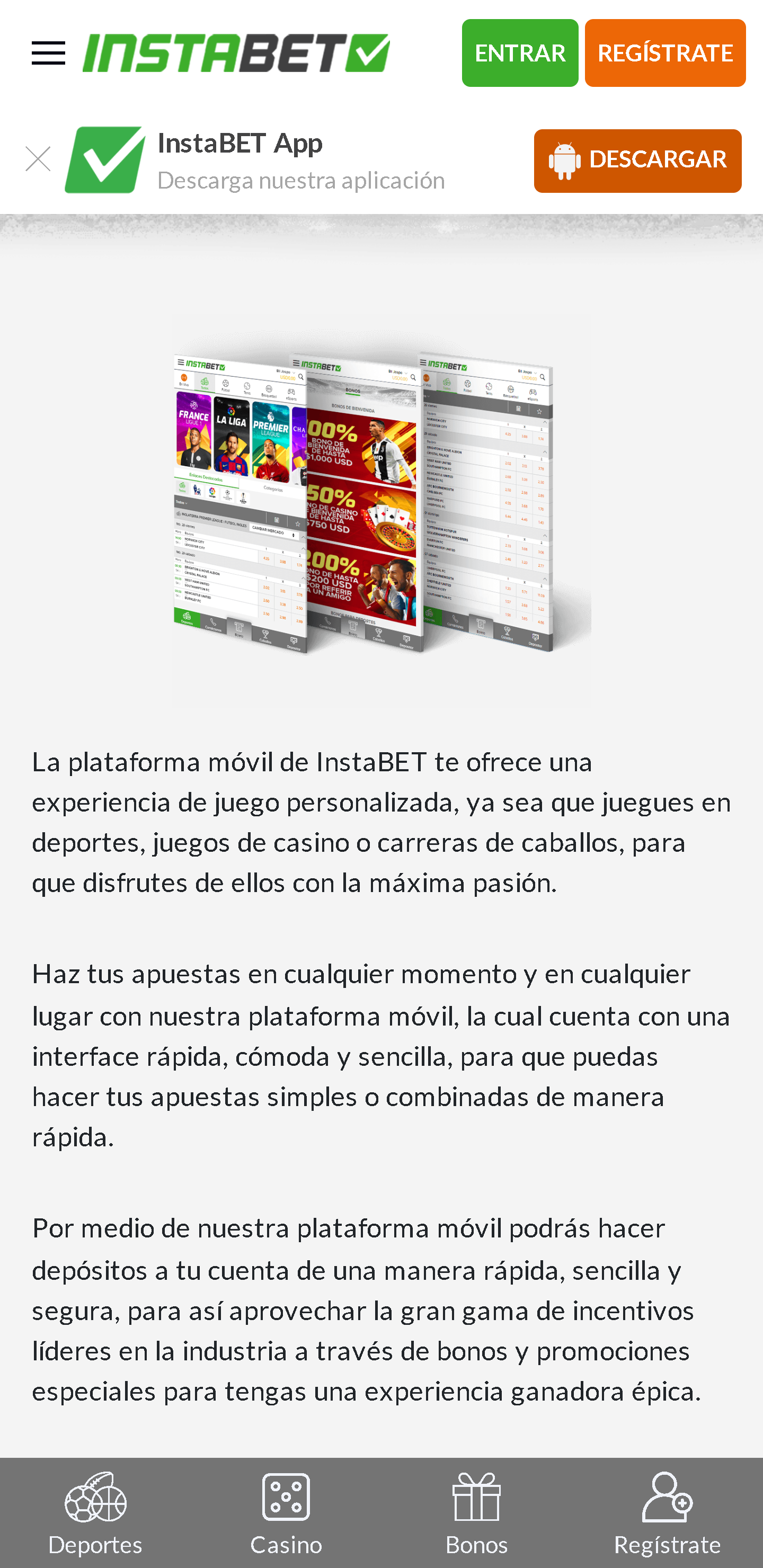 Página para descargar la aplicación