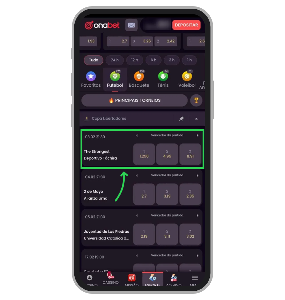 É possível escolher esporte, liga e evento