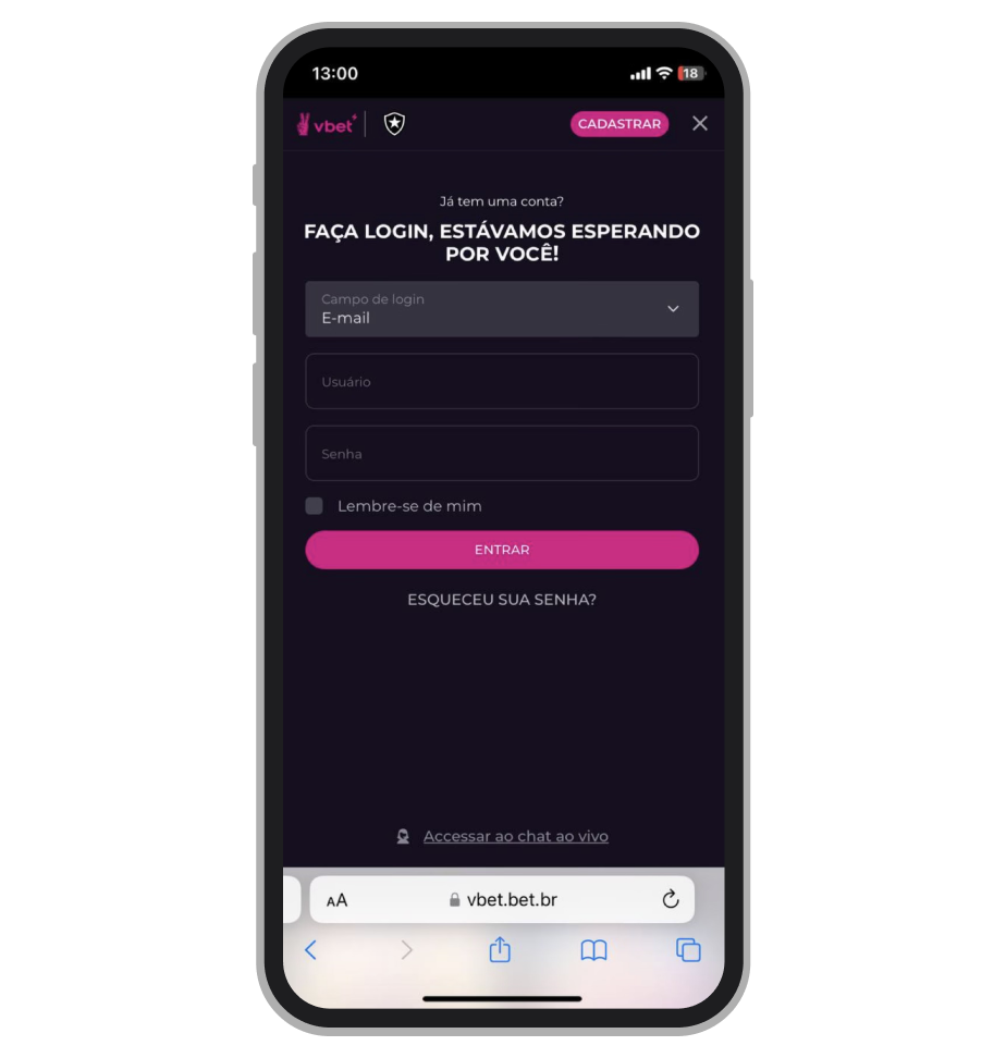 Cadastro no site VBET