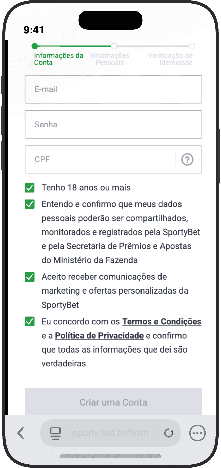 Tela de cadastro da SportyBet com campos de e-mail, senha e CPF em tres etapas
