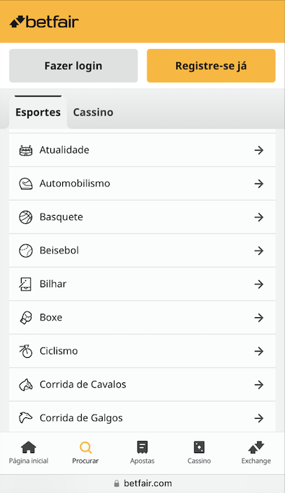 Página de modalidades esportivas na Betfair