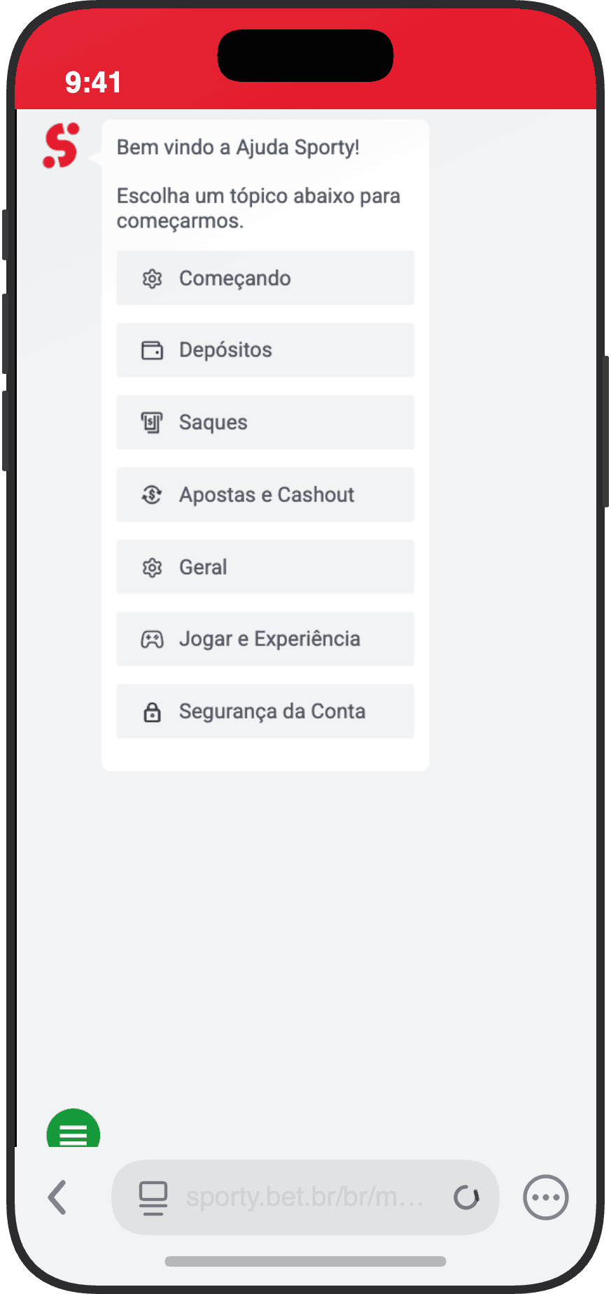 Chat de suporte da SportyBet com categorias de ajuda como depositos, saques e seguranca